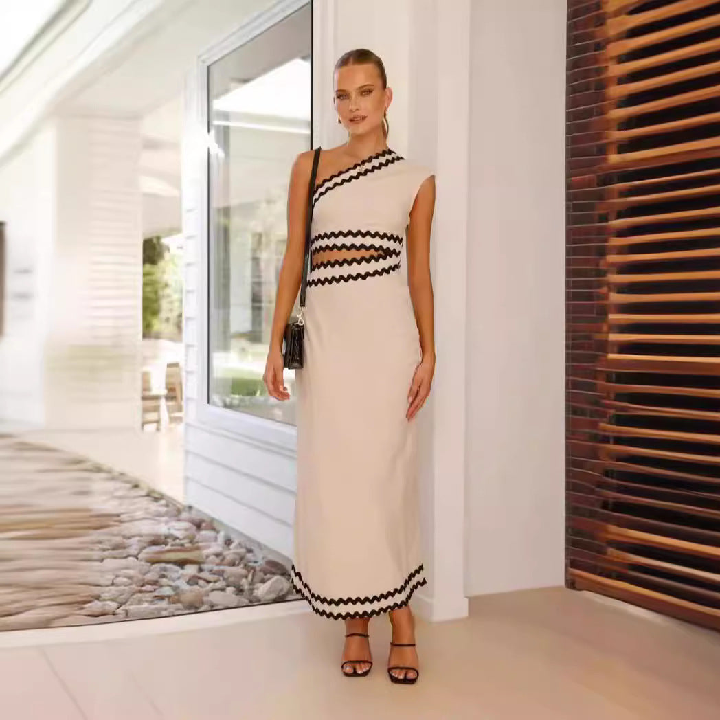 Women’s Maxi Dress - One Shoulder - Slim Fit - Asymmetrical Neckline - Elegant Trim