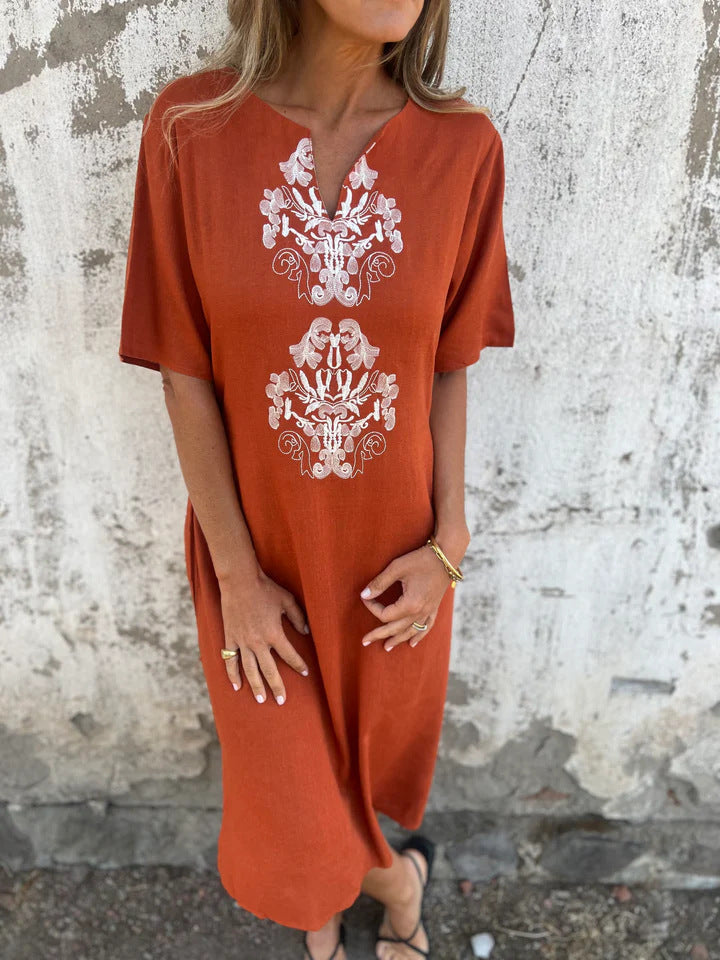 Women's Midi Dress – Natural Fibers – Relaxed Fit – Embroidered Front – Short Sleeves