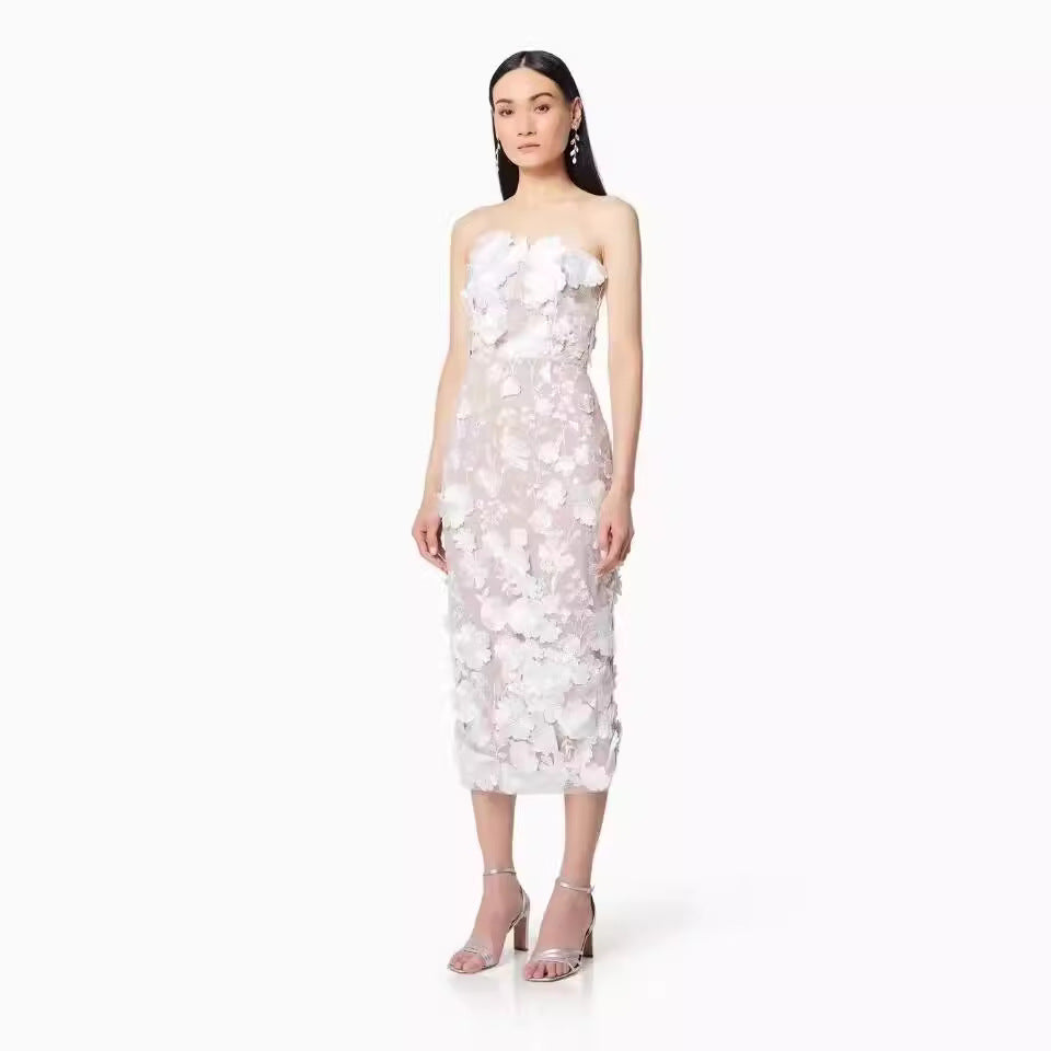 Dress for Women – Strapless Slim Fit – Tulle with 3D Flowers – Midi Length