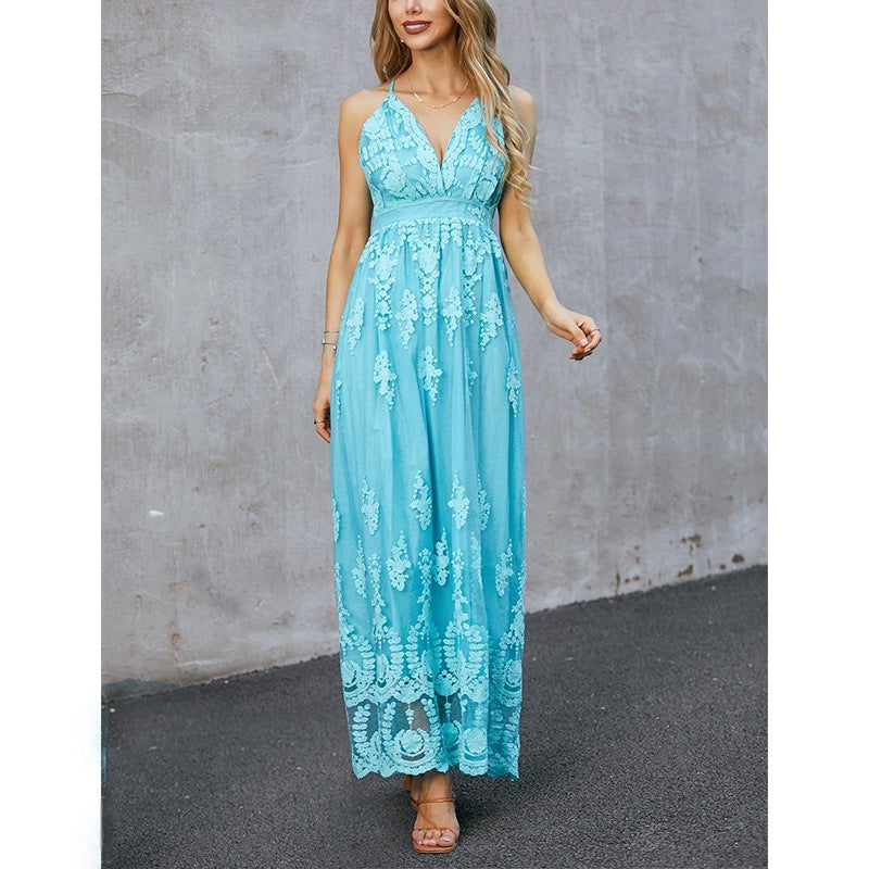 Maxi Dress for Women – Elegant Fit – Floral Embroidery – Sleeveless with Deep V-Neck