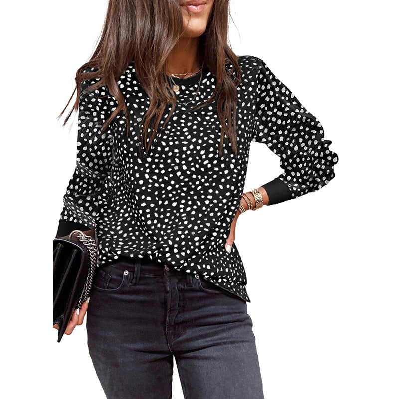 Women's Long-Sleeved Blouse – Loose Fit – Polka Dot Pattern – Soft Breathable Quality