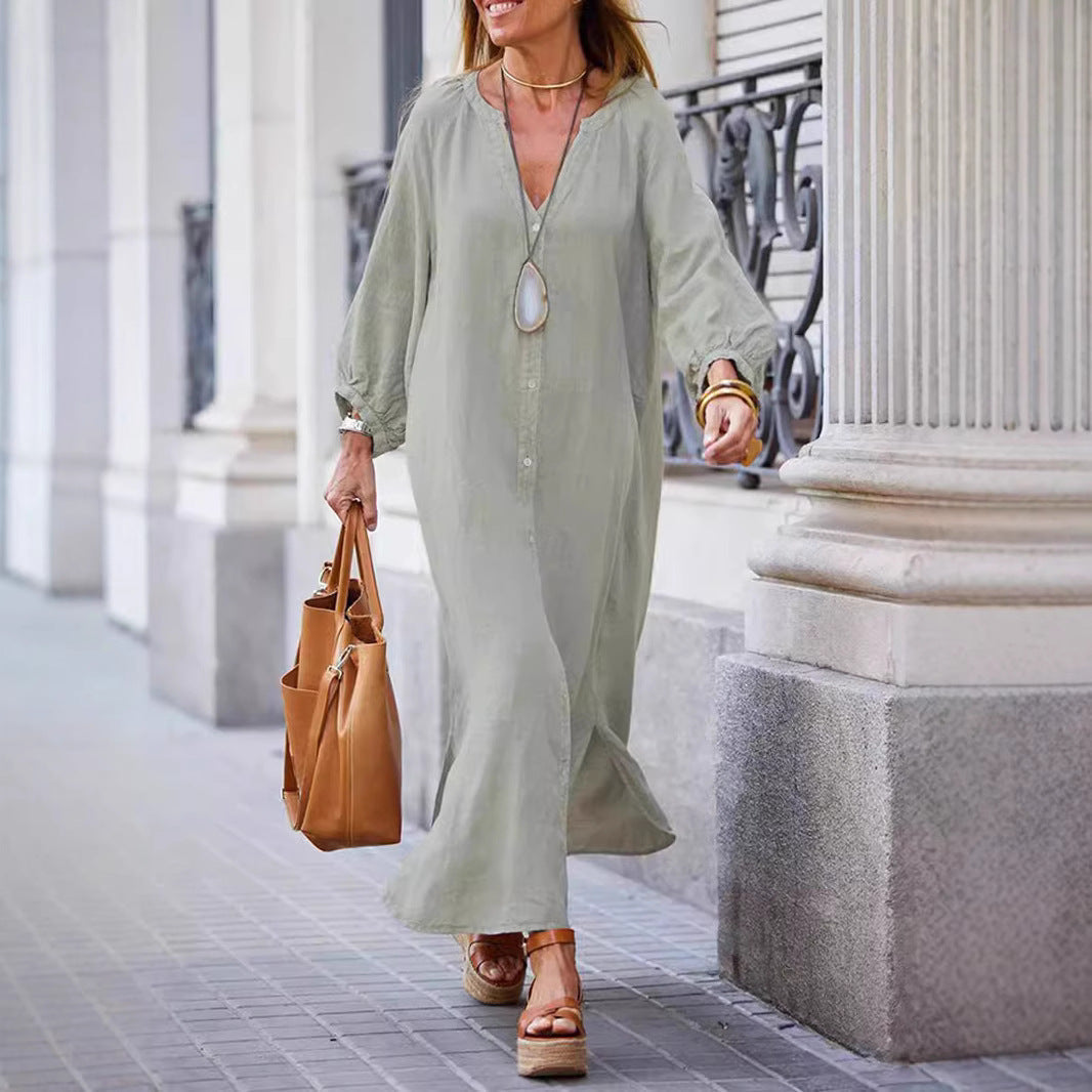 Women's Maxi Dress – Relaxed Fit – V-Neck – Button Closure – Long Sleeves – Breathable Fabric