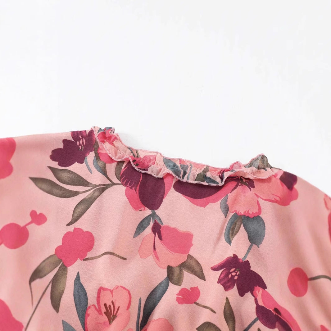 Dame Maxikjole – Chiffon – Boheme Pasform – V-udskæring – Lange Ærmer – Blomsterprint