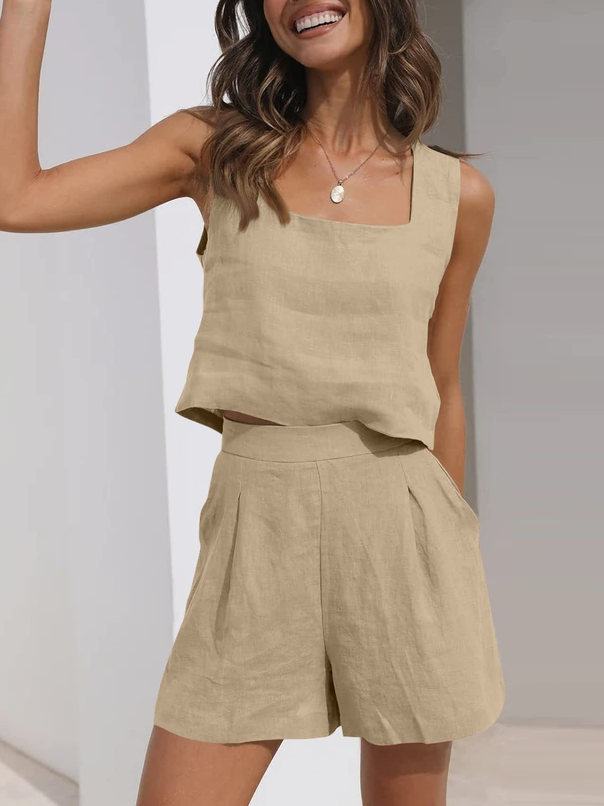 Dame Sæt – Ærmeløs Crop Top og Plisserede Shorts – Løs Pasform – Hørblanding