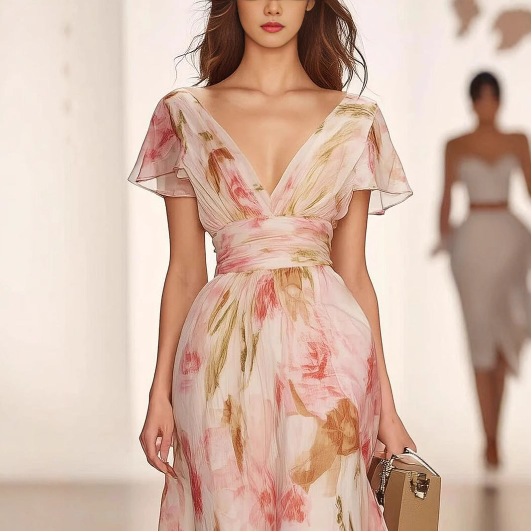 Dame Maxikjole – Fit og Flare – Chiffon – Dyb V-Hals – Blomsterprint – Elegante Ærmer