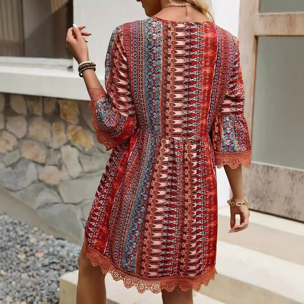 Damekjole – A-Line Pasform – Boho Mønster – V-Hals – 3/4 Ærmer – Blonder – Åndbar