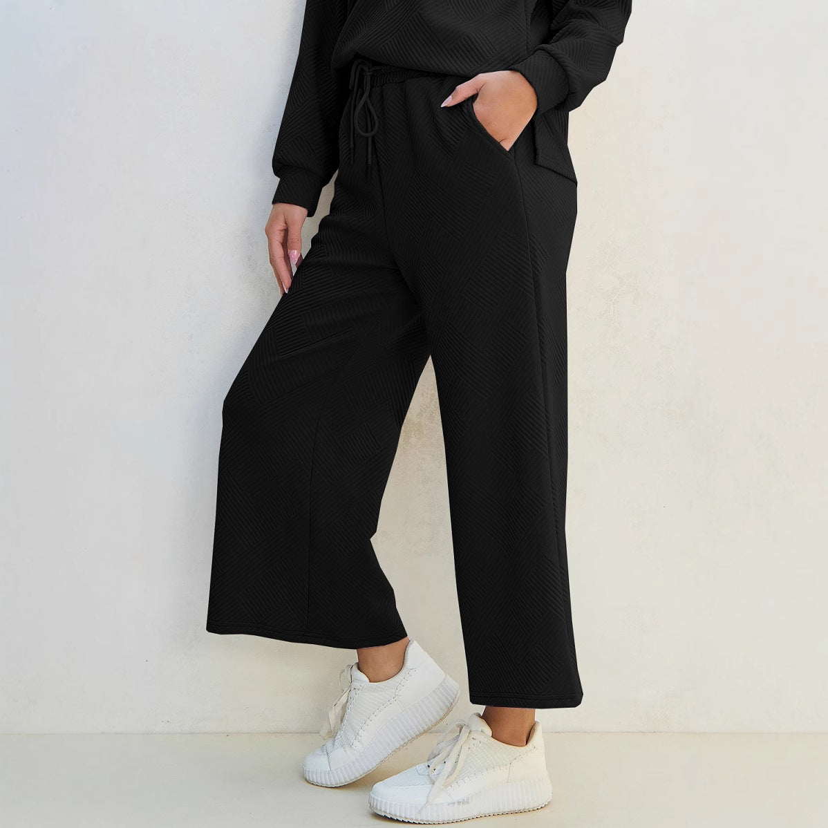 Dame Loungewear Sæt – Strik To-delt – Afslappet Pasform – Snøre i Taljen – Fuld Længde