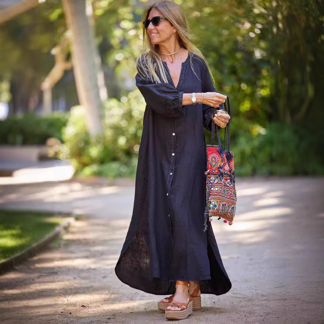 Women's Maxi Dress – Relaxed Fit – V-Neck – Button Closure – Long Sleeves – Breathable Fabric
