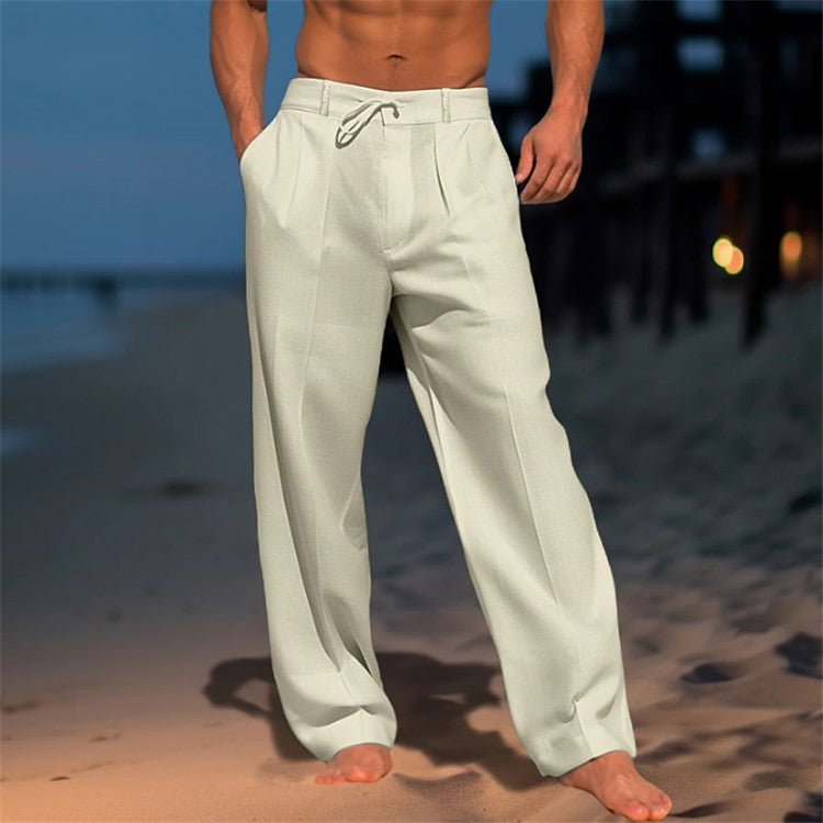Men's Trousers – Relaxed Fit – 100% Linen – Drawstring Closure – Full Length