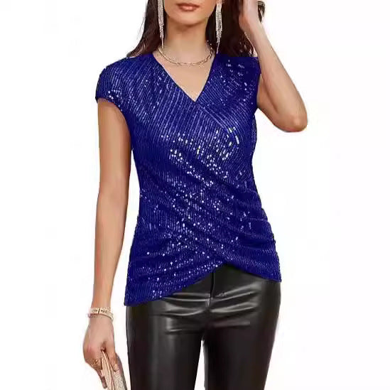 Dame Top – Slim Fit – V-hals – Pailletdetaljer – Asymmetrisk Taljedrapering