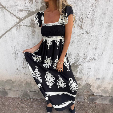 Dress for Women – Maxi Dress – Smocked Bodice – Ruched Sleeves – Natural Fibers – Loose Fit