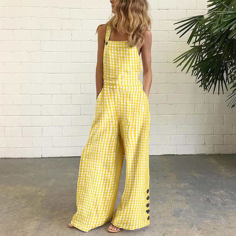 Women’s Gingham Jumpsuit - Wide Leg Overalls - Casual Sleeveless Outfit