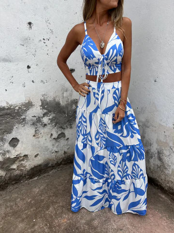 Women's Set – Tie-Front Crop Top – Flowy Maxi Skirt – Breathable Lightweight Fabric