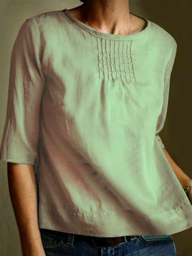 Damebluse – Bomuld Hør Mix – Løs Pasform – 3/4 Ærmer – Plisseret Front