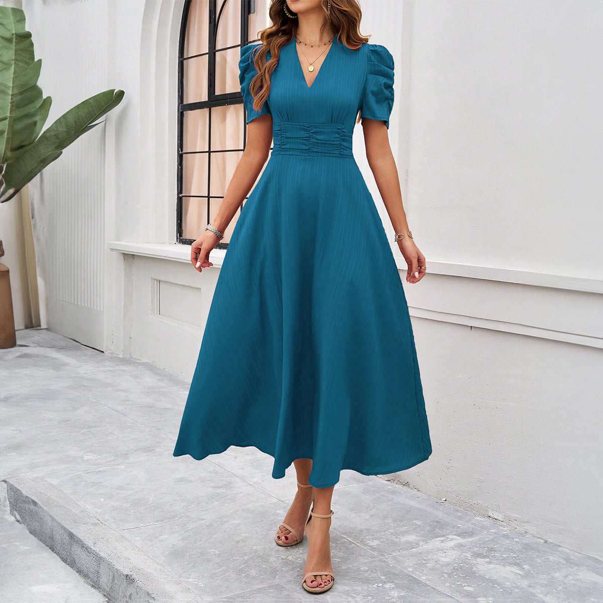 Women's dress midi – Fit and flare – V-neckline – Puff sleeves – Ruched waist