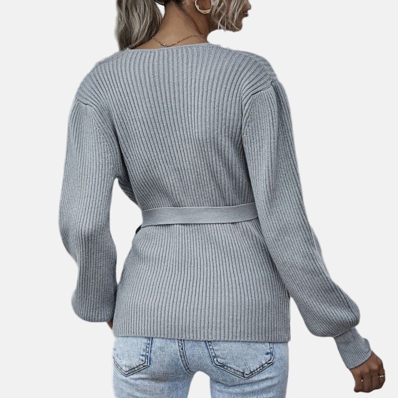 Women’s Wrap Sweater - Ribbed Knit - Long Sleeve Belted Top