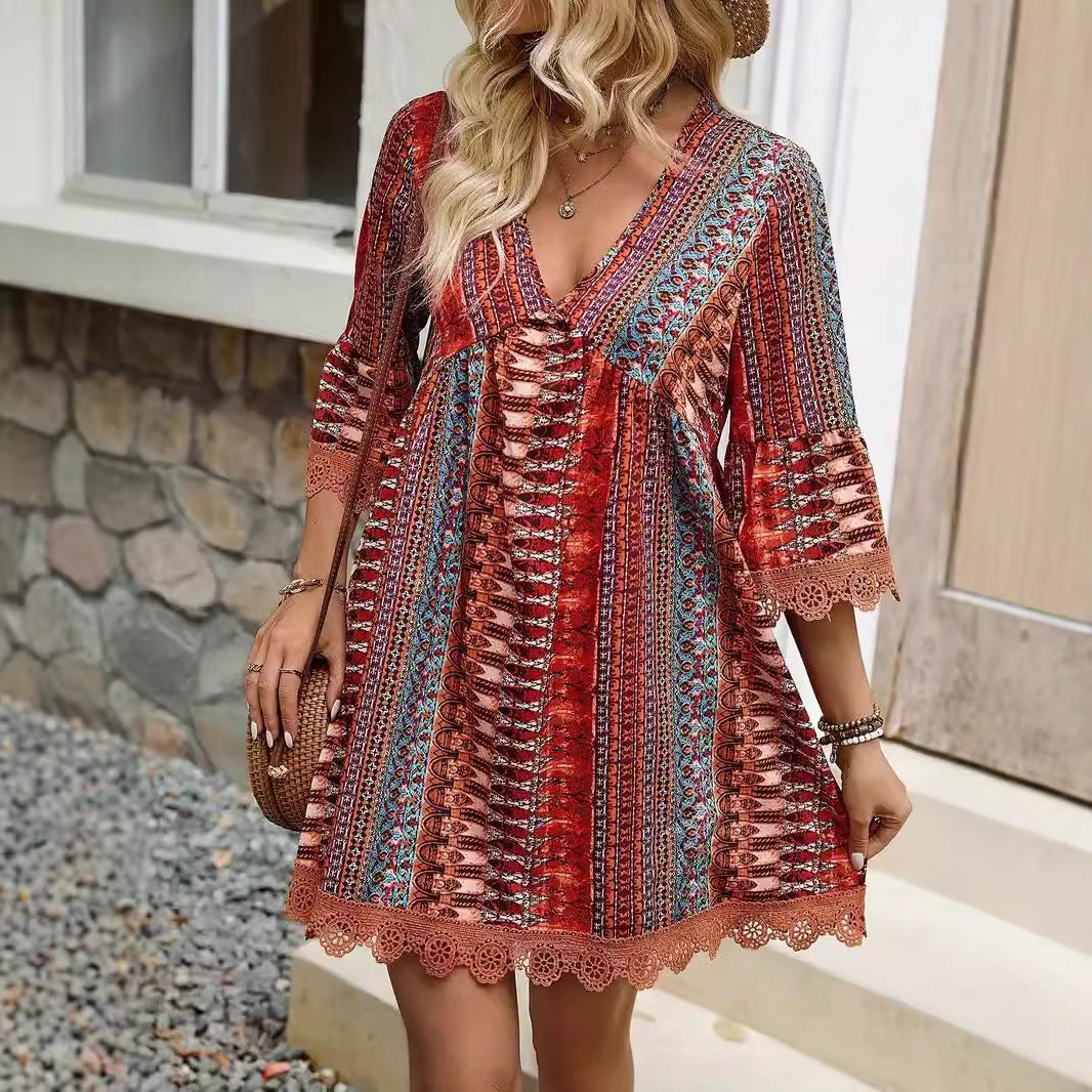 Damekjole – A-Line Pasform – Boho Mønster – V-Hals – 3/4 Ærmer – Blonder – Åndbar