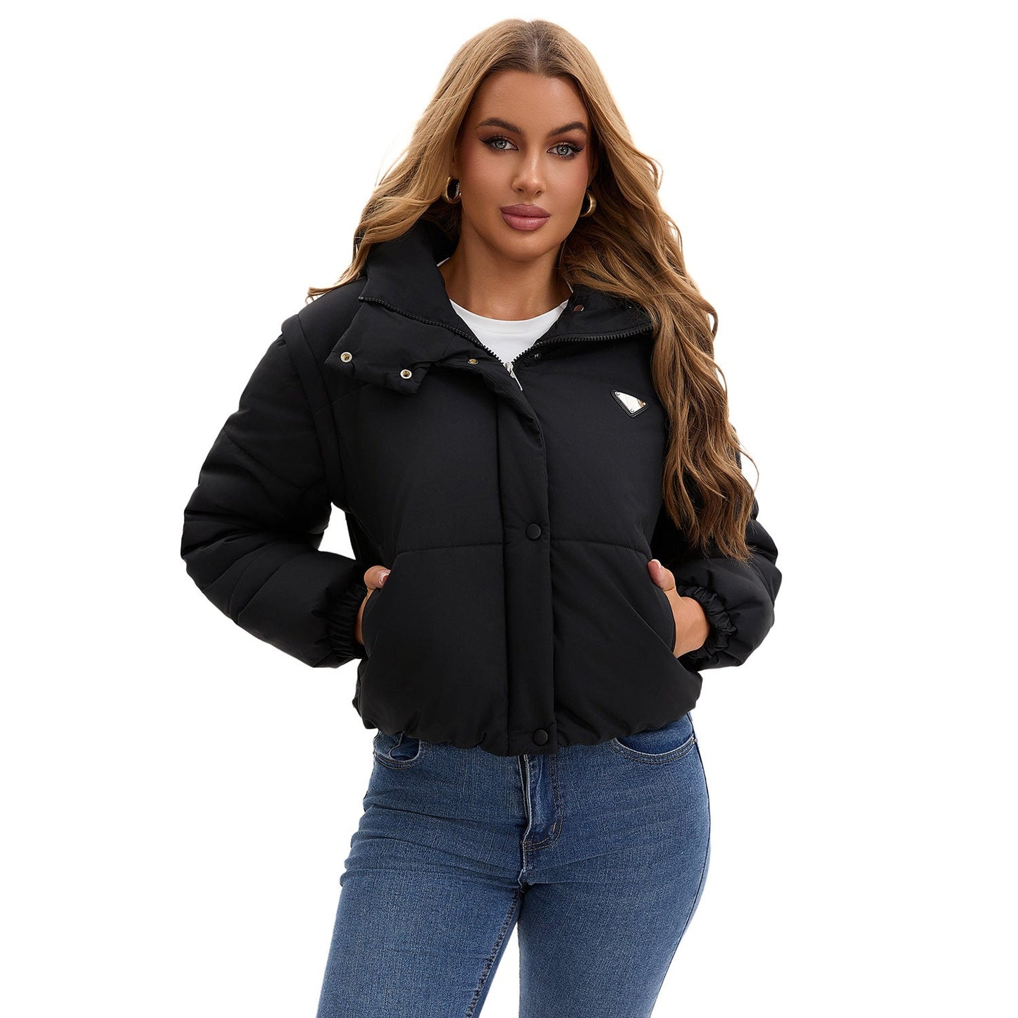 Women’s Puffer Jacket - Quilted - Stand Collar - Cropped Length - Long Sleeve