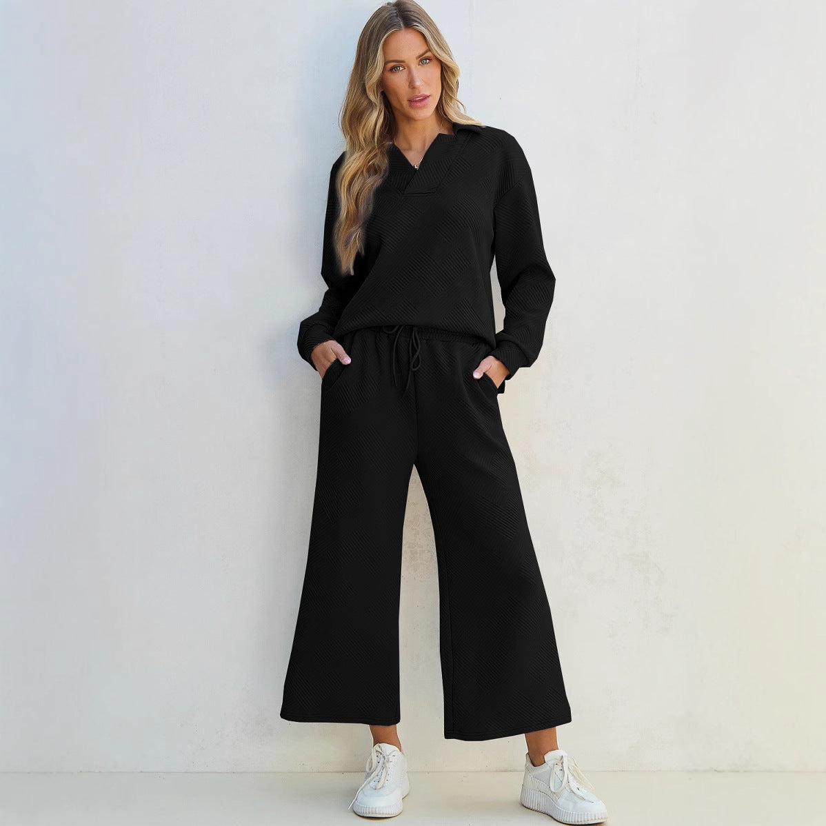 Dame Loungewear Sæt – Strik To-delt – Afslappet Pasform – Snøre i Taljen – Fuld Længde