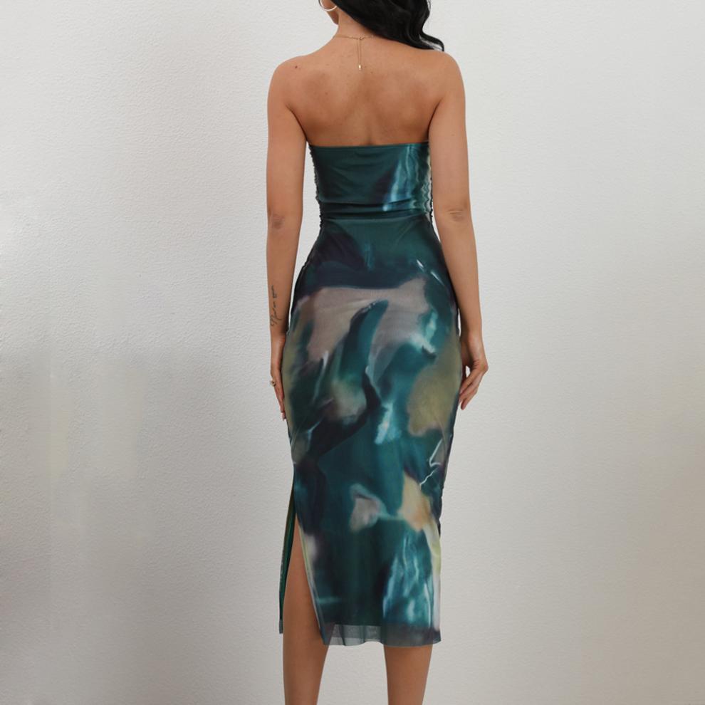 Women’s Strapless Bodycon Midi Dress – Abstract Print – Figure-Hugging Fit – Side Slit