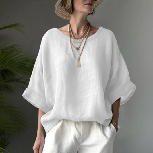 Damebluse – Oversize Pasform – Bomuld Hør – Rund Hals – Albuelange Ærmer