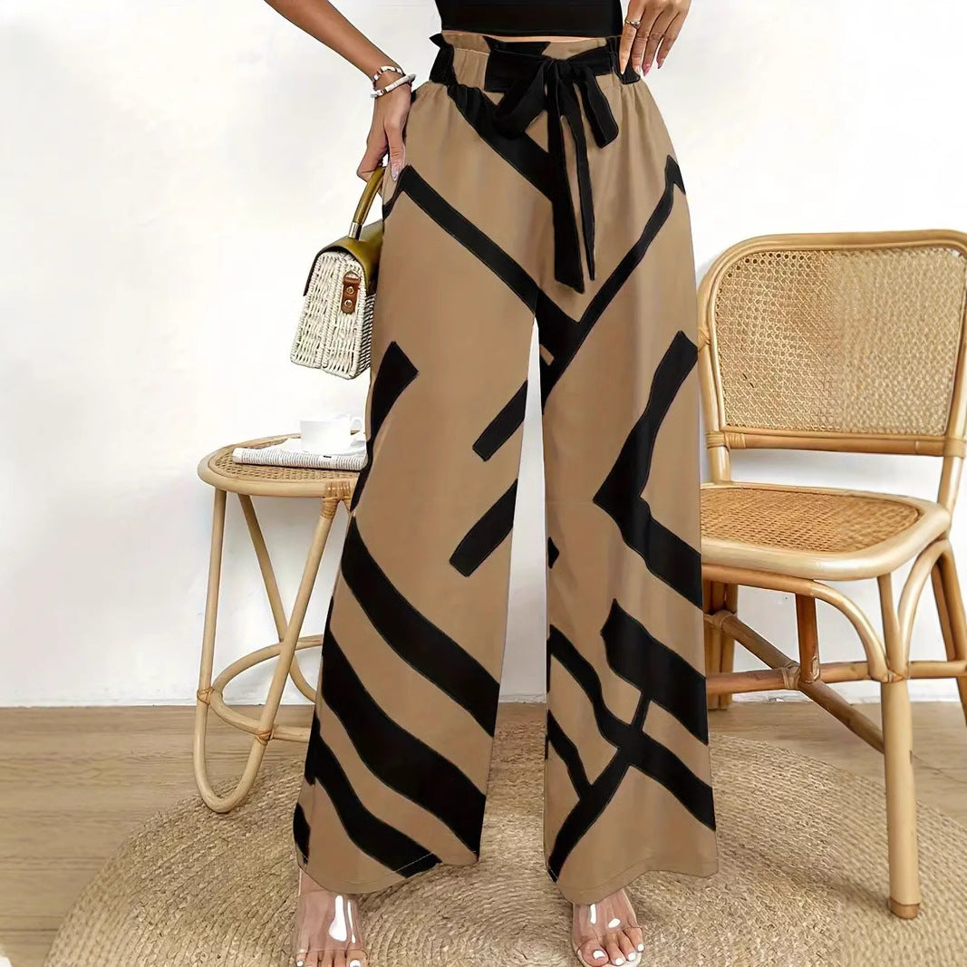 Women's Trousers with Width – High Waist – Light and Breathable – Graphic Pattern – With Belt