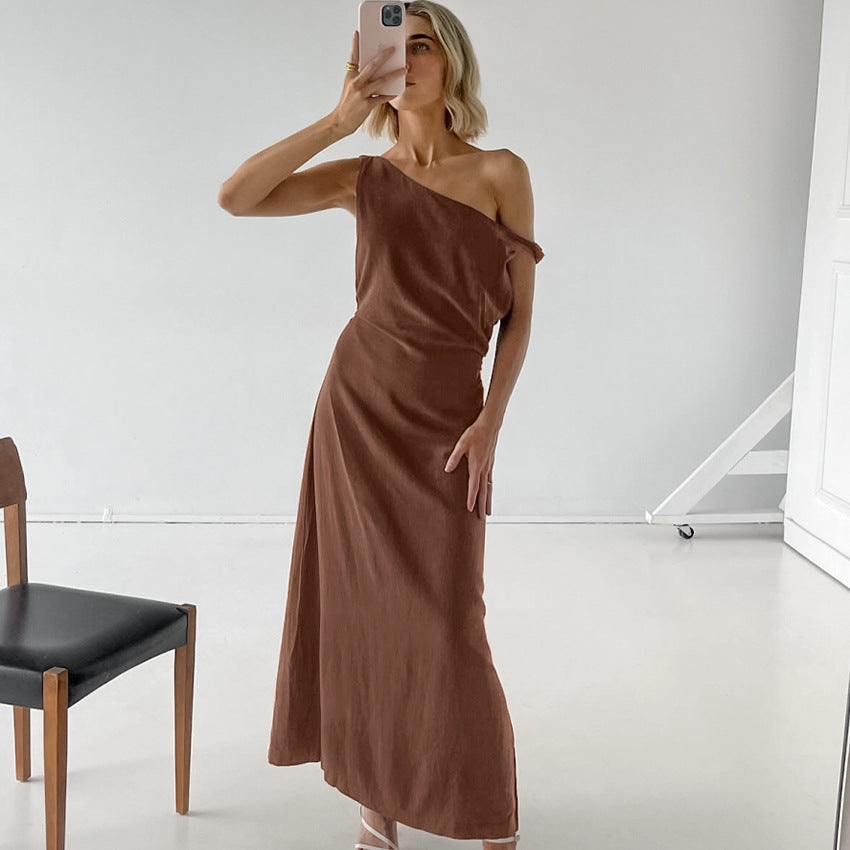 Dress for women – Slim fit – One shoulder – Asymmetric neckline – Ankle length – Natural fibers