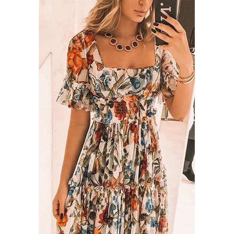 Women's Maxi Dress – Smocked Bodice – Flutter Sleeves – Tiered Skirt – Airy Fit