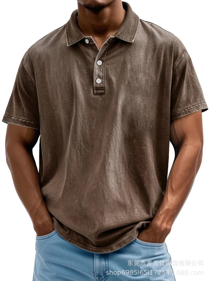 Herre Poloshirt – Bomuld – Afslappet Pasform – Vasket Retro Stil – Kort Ærme