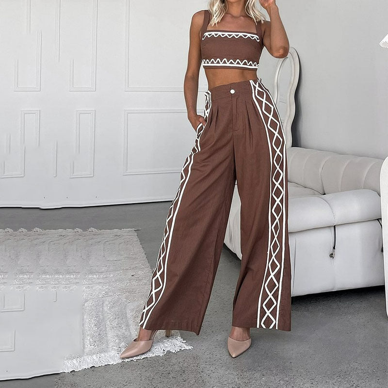 Dame To-delt Sæt – Asymmetrisk Crop Top – Høj Talje Bukser – Vidde Ben – Print