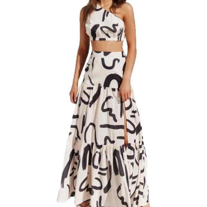 Dame Sæt – One-Shoulder Crop Top – Høj Slids Maxi Nederdel – Let Åndbart Stof