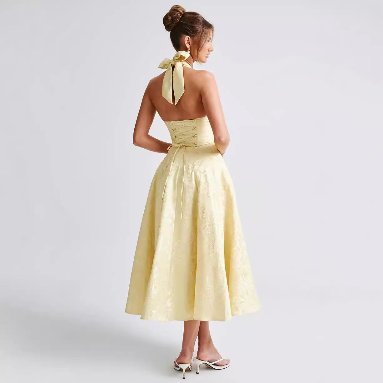 Dress for Women – Ruffle Maxi Dress – Jacquard – V-Neck – Halterneck – Tie Detail