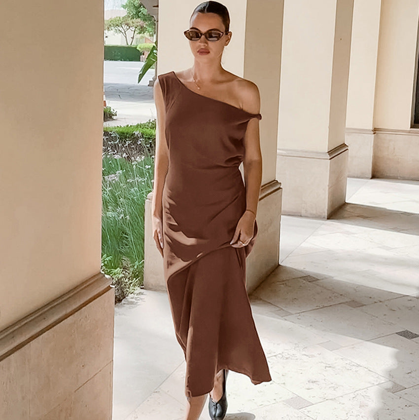 Dress for women – Slim fit – One shoulder – Asymmetric neckline – Ankle length – Natural fibers