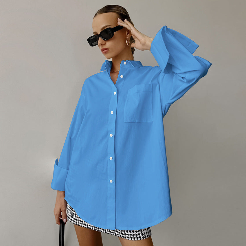 Dame Skjorte – Oversize Pasform – Bomuldsblanding – Lange Ærmer – Knaplukning