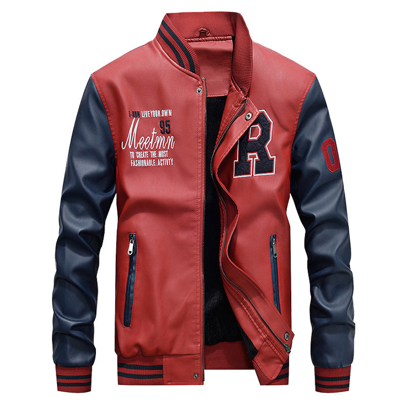 Men's Baseball Jacket – Classic Varsity Fit – Leather Look – Ribbed Edges – Snap Closure