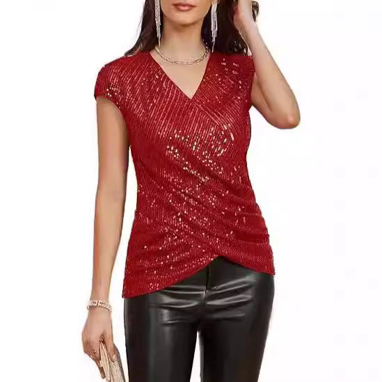 Dame Top – Slim Fit – V-hals – Pailletdetaljer – Asymmetrisk Taljedrapering