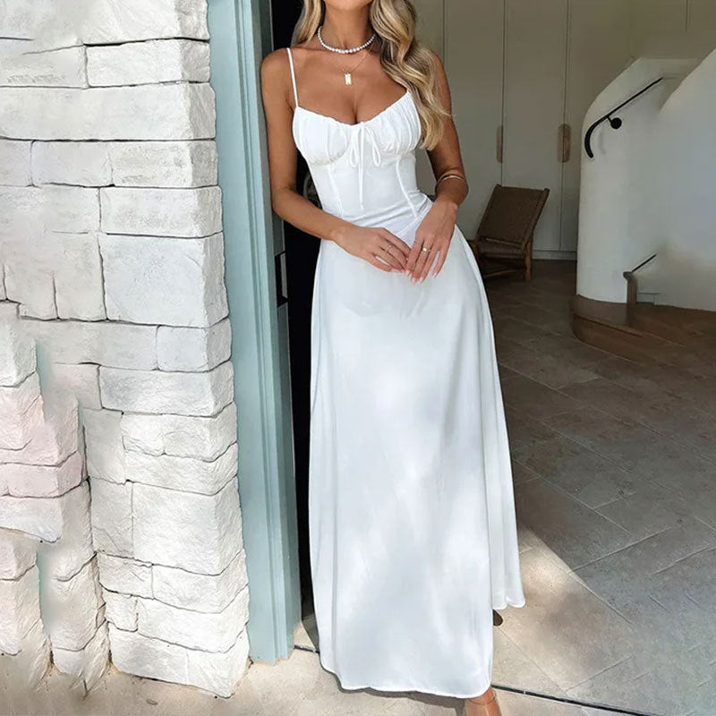 Dame A-line kjole – Let chiffon – Rynket overdel – Stropløs – Lang og elegant
