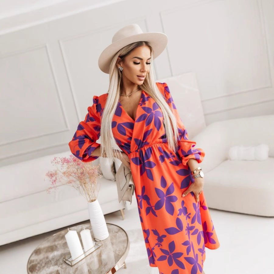 Dame Midikjole – A-formet Snit – V-hals – Blomsterprint – Lange Puffærmer