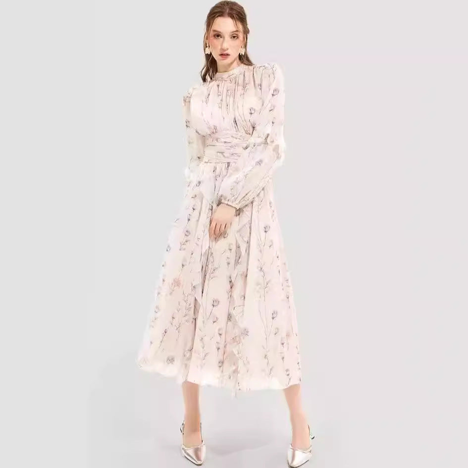 Dame Kjole – Chiffon Aftenkjole – Lange Ærmer – Flæsedetaljer – Printet Maxi