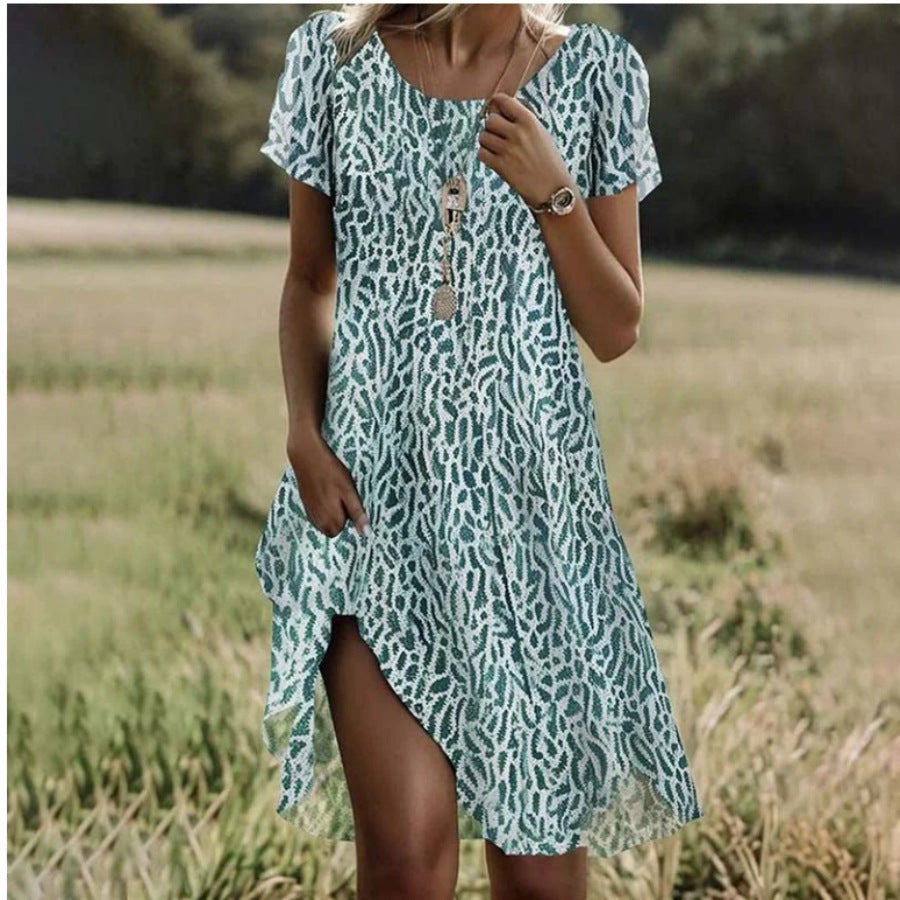Dress for Women – Relaxed Fit – Short Sleeve – Round Neck – Floral Print – Knee Length – Breathable Quality