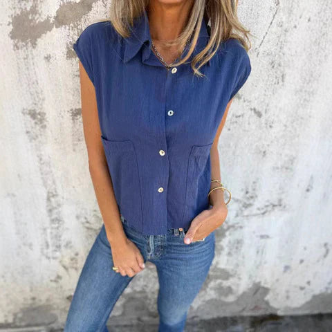 Women's Sleeveless Top – Relaxed Fit – Button Closure – Natural Fibers – With Collar
