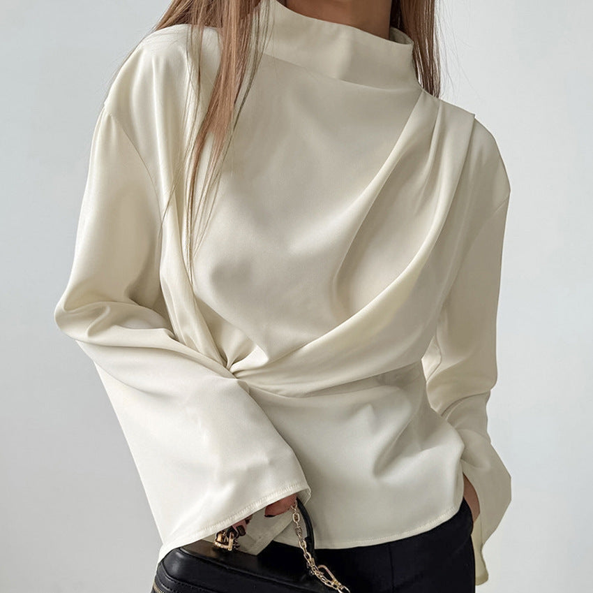 Damebluse – Let Chiffon – Draperet Pasform – Lange Ærmer – Indsnævret Talje