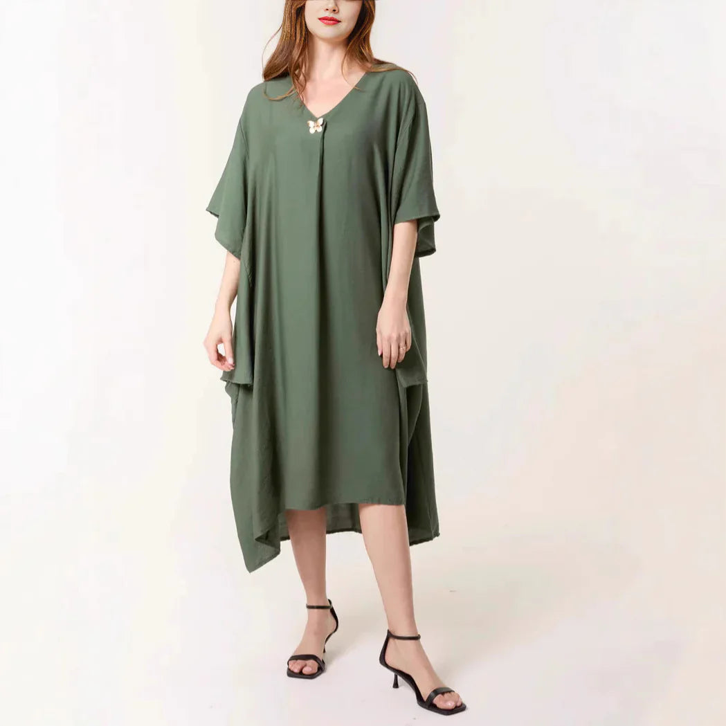 Women's Tunic Dress – Relaxed Fit – V-neck – Asymmetric Maxi – Breathable Material