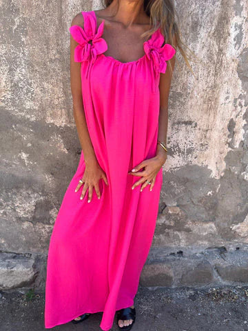 Women's Maxi Dress – Relaxed Fit – Lightweight and Breathable – Floral Details on Shoulders