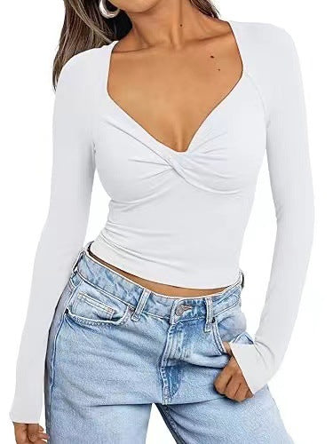 Dame T-shirt med V-udskæring – Slim Fit – Lange Ærmer – Cropped Twist Front