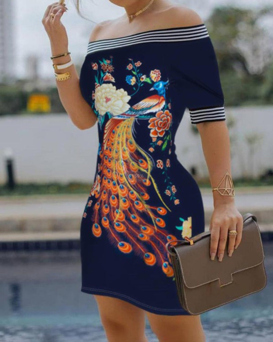 Women's Off-Shoulder Dress – Slim Fit – Mini Length – Breathable Lightweight – Graphic Print