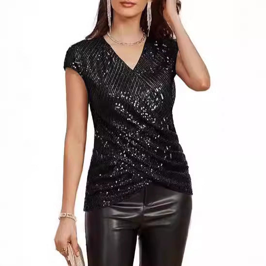 Dame Top – Slim Fit – V-hals – Pailletdetaljer – Asymmetrisk Taljedrapering
