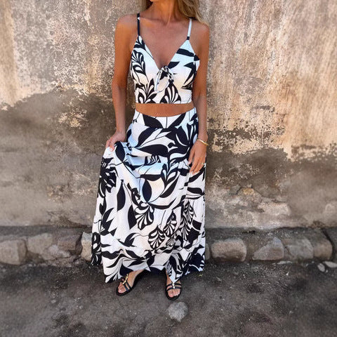 Women's Set – Tie-Front Crop Top – Flowy Maxi Skirt – Breathable Lightweight Fabric