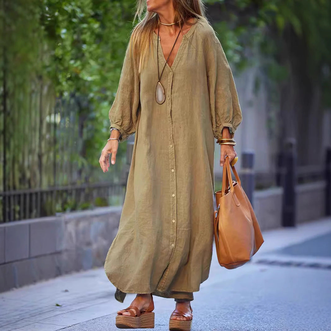 Women's Maxi Dress – Relaxed Fit – V-Neck – Button Closure – Long Sleeves – Breathable Fabric