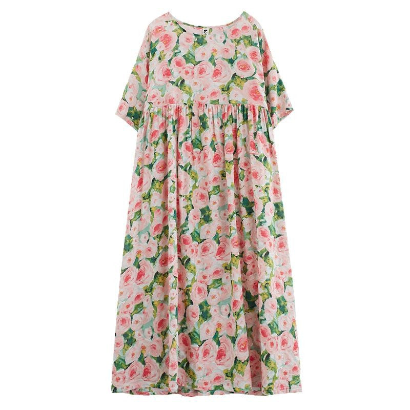 Dame Maxikjole – Blomstermønster – Løs Pasform – V-udskæring – 3/4 Ærmer